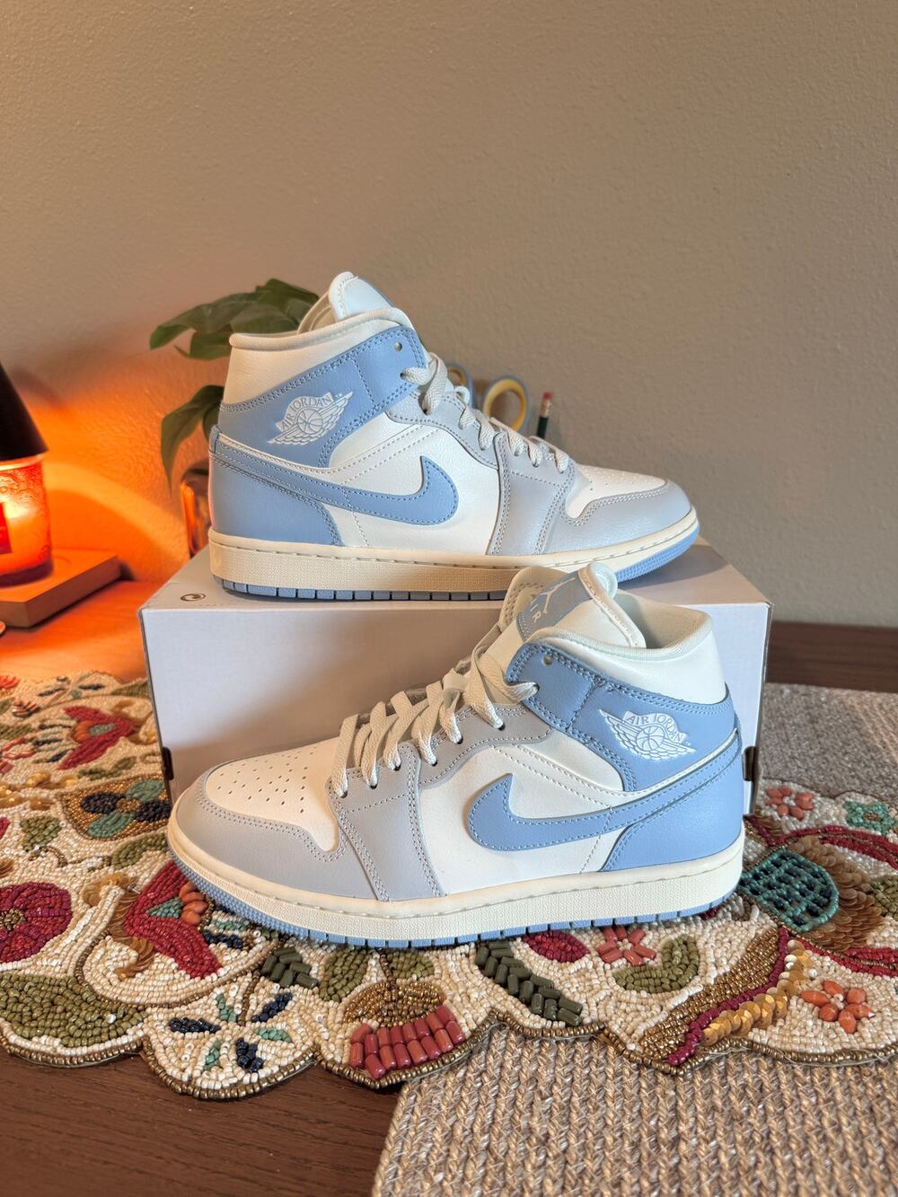 Women's Jordan 1 Mid Psychic Blue Sail Coconut Milk UNC University BQ6472 402